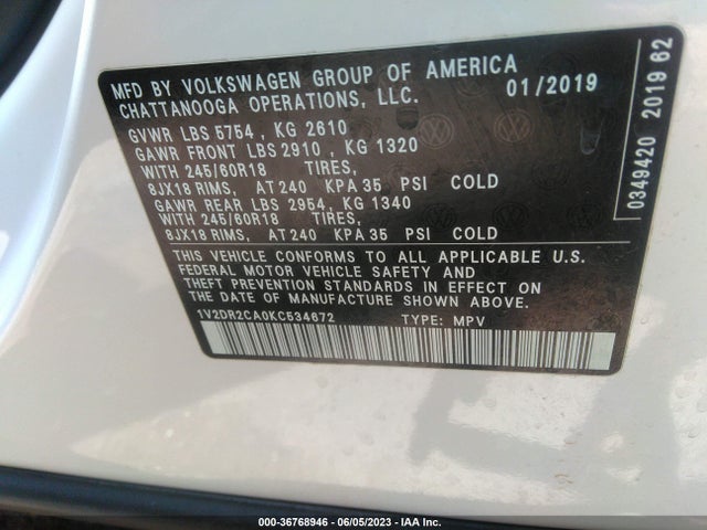 1V2DR2CA0KC534672 Volkswagen Atlas 3.6l V6 Se