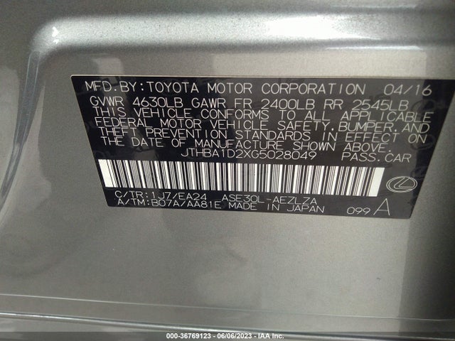 JTHBA1D2XG5028049 Lexus IS 200T