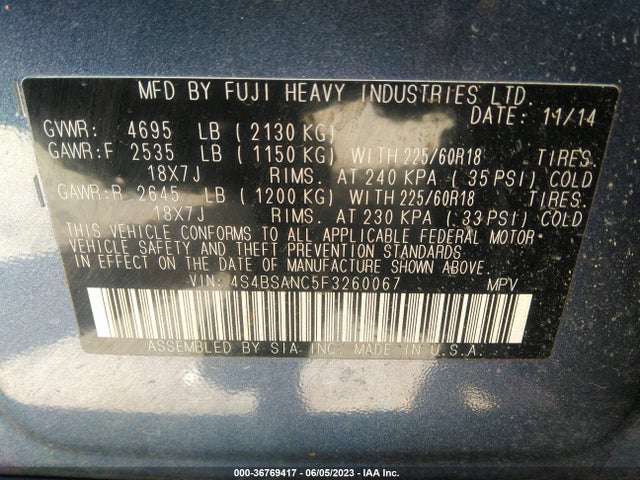 4S4BSANC5F3260067 Subaru Outback 2.5i Limited