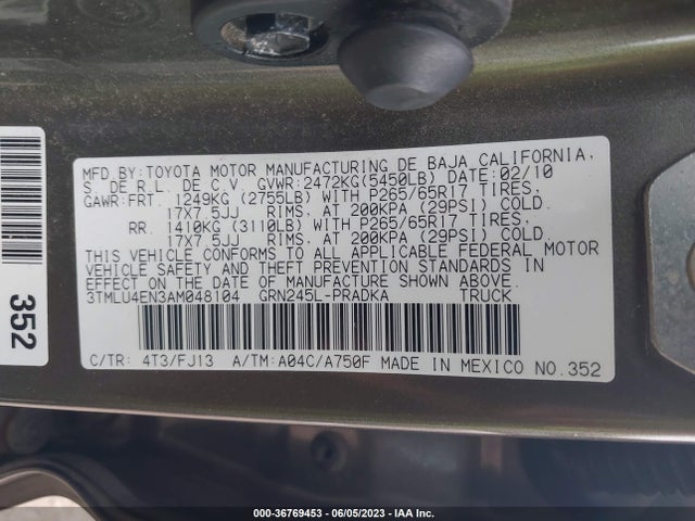 2010 TOYOTA TACOMA VIN: 3TMLU4EN3AM048104