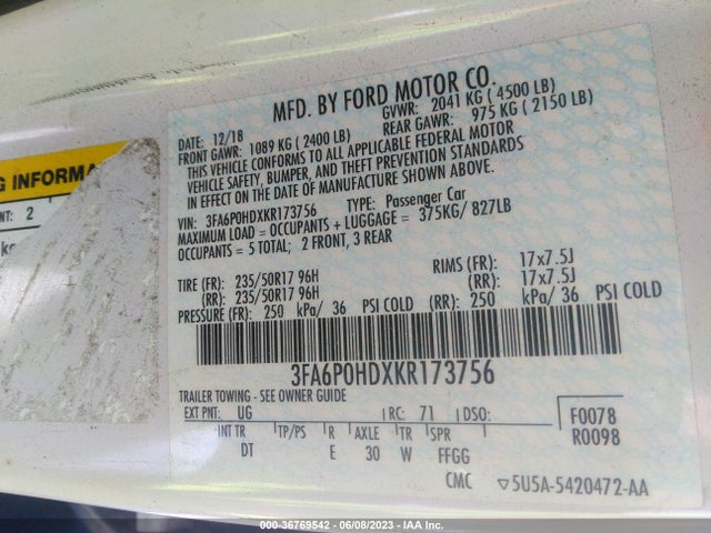 Ford FUSION SE 2019 3FA6P0HDXKR173756 Image 10