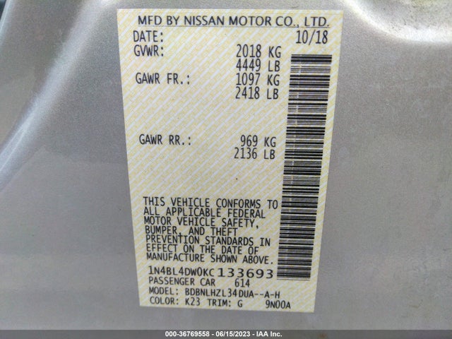 Nissan Altima 2.5 Sv 2019 1N4BL4DW0KC133693 Image 9