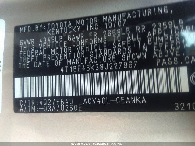 2008 TOYOTA CAMRY VIN: 4T1BE46K38U227967