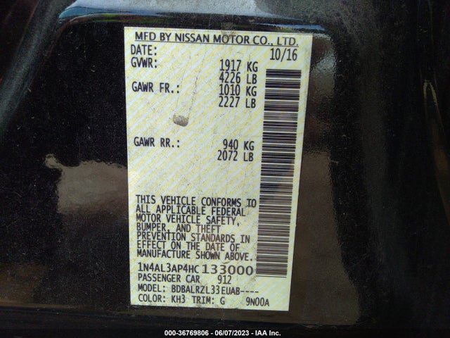 Nissan ALTIMA 2.5 2017 1N4AL3AP4HC133000 Image 9