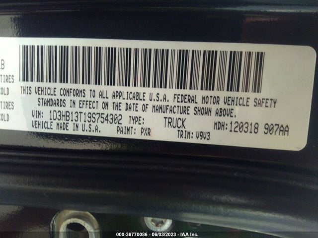 2009 DODGE RAM 1500 TRX VIN: 1D3HB13T19S754302