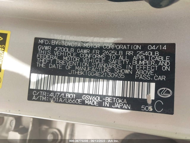 JTHBK1GG4E2130935 Lexus ES 350