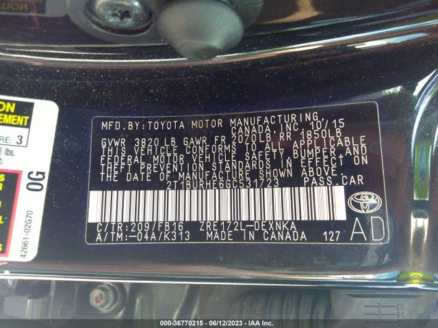 2016 TOYOTA COROLLA L/LE/S/S PLUS/LE PLUS VIN: 2T1BURHE6GC531723