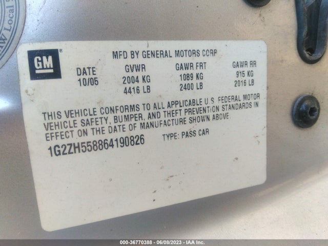 2006 PONTIAC G6 GT VIN: 1G2ZH558864190826