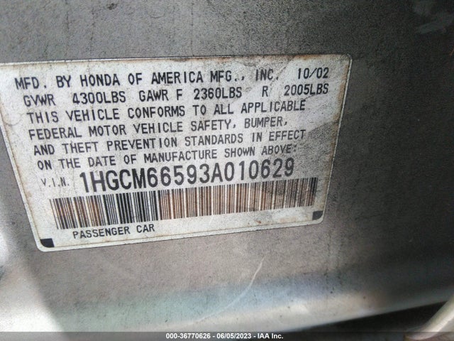 2003 HONDA ACCORD SDN EX VIN: 1HGCM66593A010629