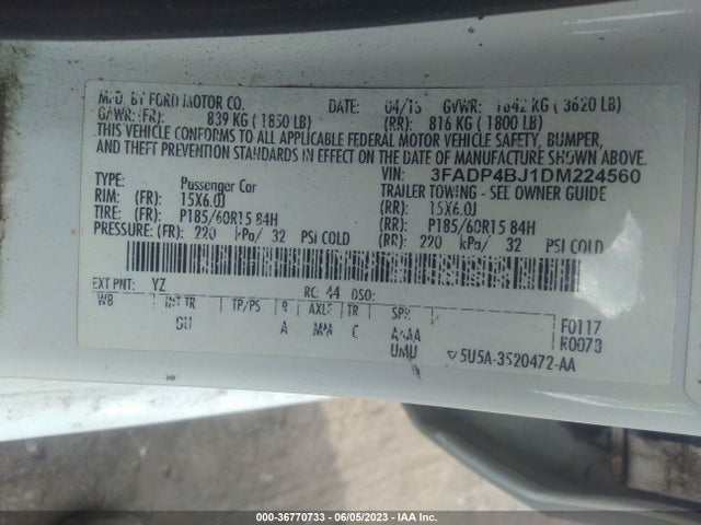 2013 FORD FIESTA SE VIN: 3FADP4BJ1DM224560
