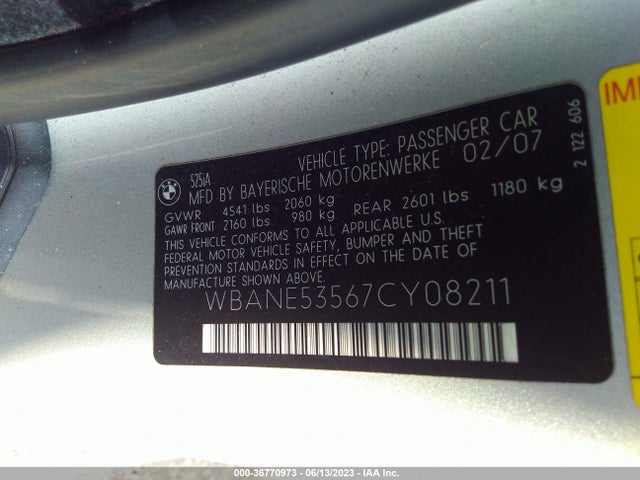 2007 BMW 5 SERIES 525I VIN: WBANE53567CY08211