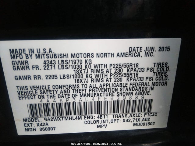 4A4AP3AU4FE039889 Mitsubishi Outlander Sport Es