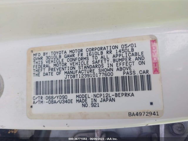 2001 TOYOTA ECHO VIN: JTDBT123910177600