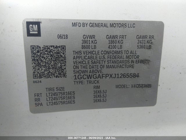 2018 CHEVROLET EXPRESS 2500 WORK VAN VIN: 1GCWGAFPXJ1265584