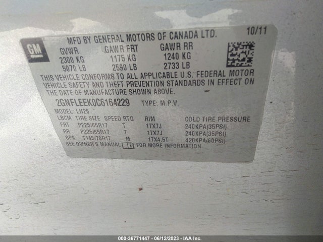 2012 CHEVROLET EQUINOX LT W/1LT VIN: 2GNFLEEK0C6164229