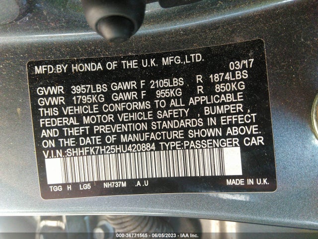 Honda Civic Hatchback Lx 2017 SHHFK7H25HU420884 Image 9