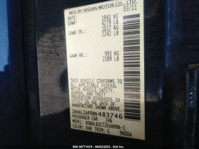 2011 NISSAN ALTIMA 2.5 SL VIN: 1N4AL2AP0BN483746