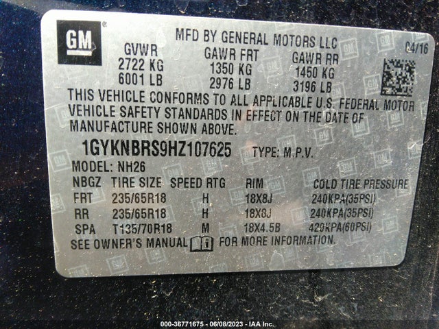 1GYKNBRS9HZ107625 Cadillac Xt5 Luxury Fwd