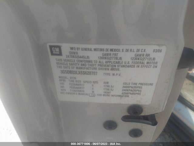 2006 BUICK RENDEZVOUS VIN: 3G5DB03LX6S628707