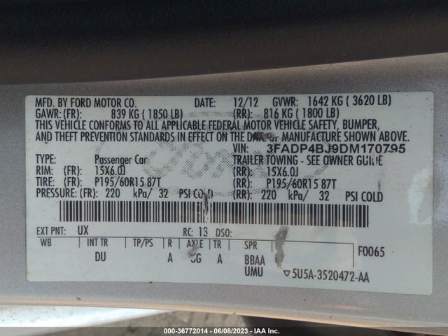 2013 FORD FIESTA SE VIN: 3FADP4BJ9DM170795