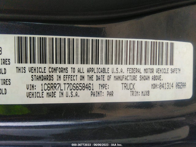 2013 RAM 1500 OUTDOORSMAN VIN: 1C6RR7LT7DS658461