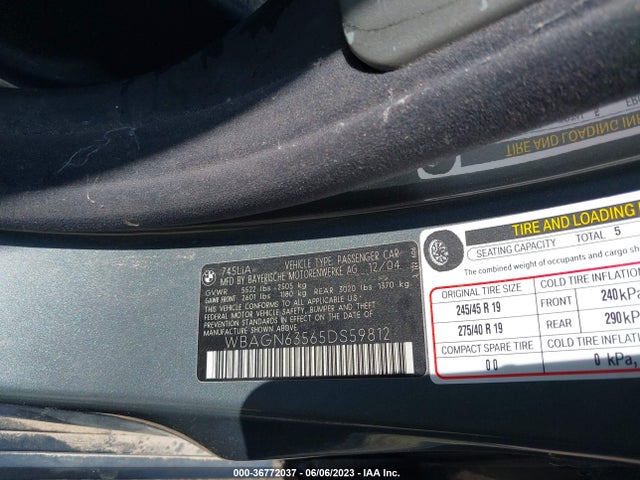 2005 BMW 7 SERIES 745LI VIN: WBAGN63565DS59812