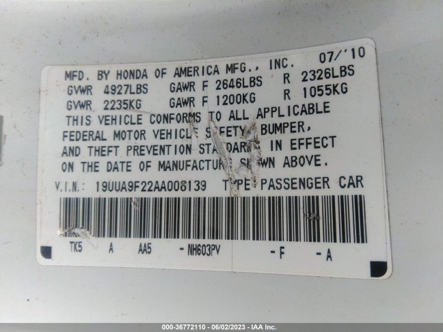 2010 ACURA TL VIN: 19UUA9F22AA008139