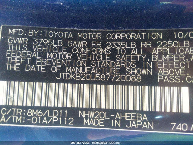 2008 TOYOTA PRIUS VIN: JTDKB20U587720088