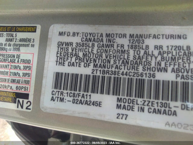 2004 TOYOTA COROLLA CE/S/LE VIN: 2T1BR38E44C256136