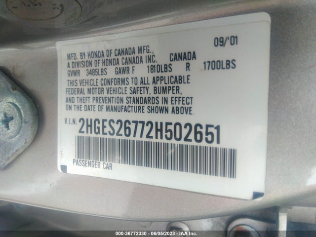 2002 HONDA CIVIC EX VIN: 2HGES26772H502651
