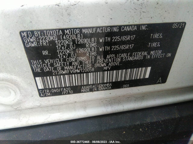 2021 TOYOTA RAV4 HYBRID XLE VIN: 2T3RWRFV6MW120058