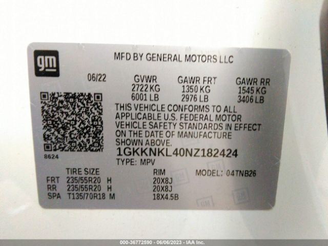 1GKKNKL40NZ182424 GMC ACADIA SLE