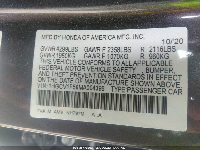 2021 HONDA ACCORD SEDAN EX-L VIN: 1HGCV1F56MA004398