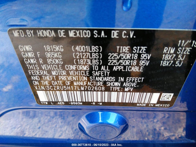 2020 HONDA HR-V SPORT VIN: 3CZRU5H17LM702608