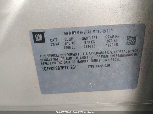 2015 CHEVROLET CRUZE LT VIN: 1G1PC5SB7F7102311