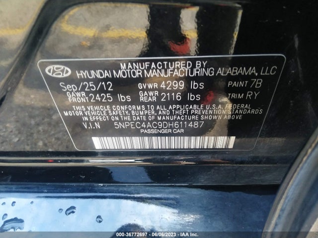 2013 HYUNDAI SONATA SE VIN: 5NPEC4AC9DH611487