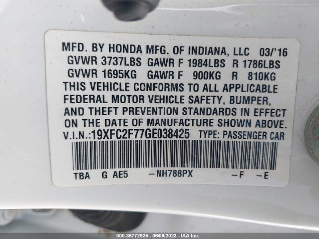 Honda Civic Sedan Ex 2016 19XFC2F77GE038425 Image 9