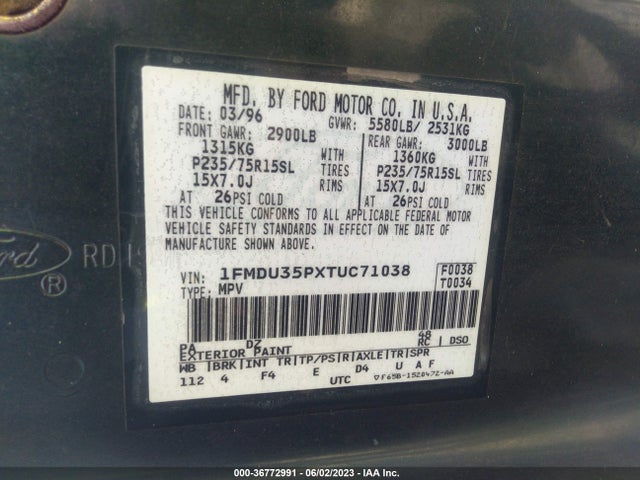 1996 FORD EXPLORER VIN: 1FMDU35PXTUC71038