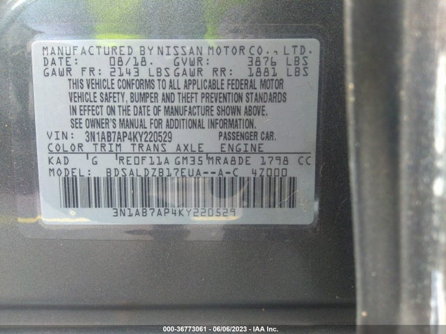 2019 NISSAN SENTRA SV VIN: 3N1AB7AP4KY220529