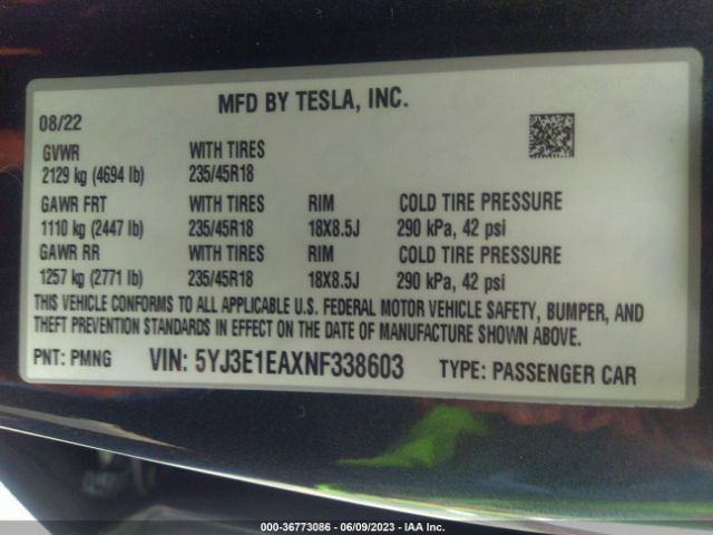 5YJ3E1EAXNF338603 Tesla MODEL 3