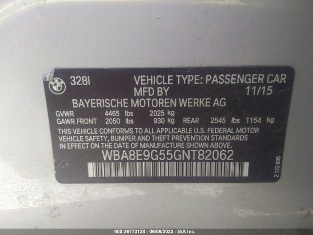 2016 BMW 3 SERIES 328I VIN: WBA8E9G55GNT82062