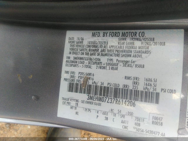 2007 MERCURY MILAN VIN: 3MEHM07Z37R614206