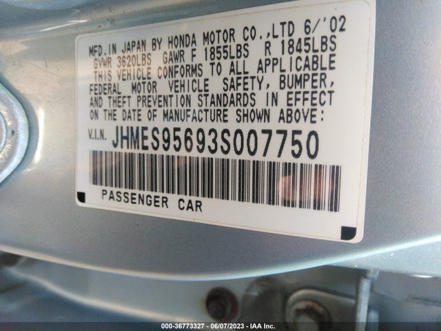 2003 HONDA CIVIC HYBRID VIN: JHMES95693S007750