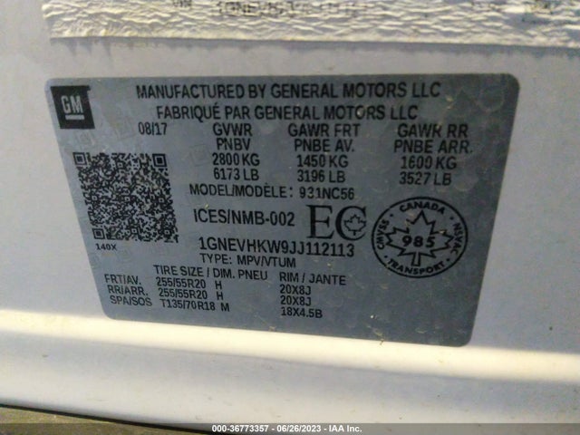 Chevrolet Traverse Lt Leather 2018 1GNEVHKW9JJ112113 Image 9