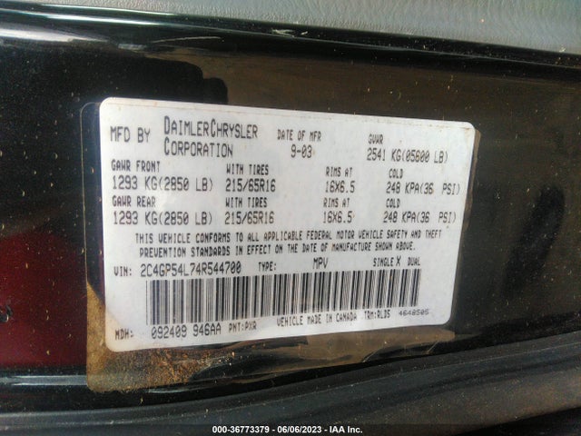 2004 CHRYSLER TOWN & COUNTRY TOURING VIN: 2C4GP54L74R544700