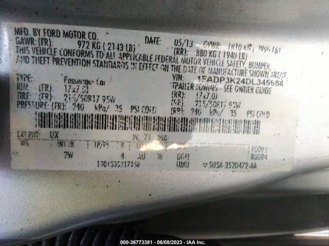 2013 FORD FOCUS SE VIN: 1FADP3K24DL345684