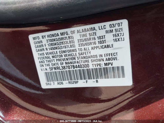 2007 HONDA ODYSSEY EX-L VIN: 5FNRL38707B440300