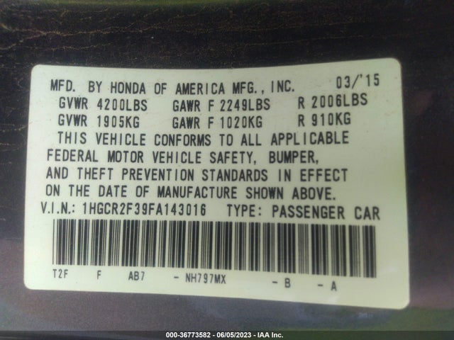 Honda Accord Sedan Lx 2015 1HGCR2F39FA143016 Image 9