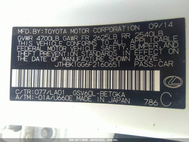2015 Lexus ES, VIN: JTHBK1GG6F2160651