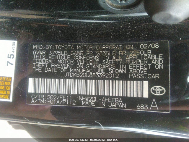 2008 TOYOTA PRIUS VIN: JTDKB20U883392012